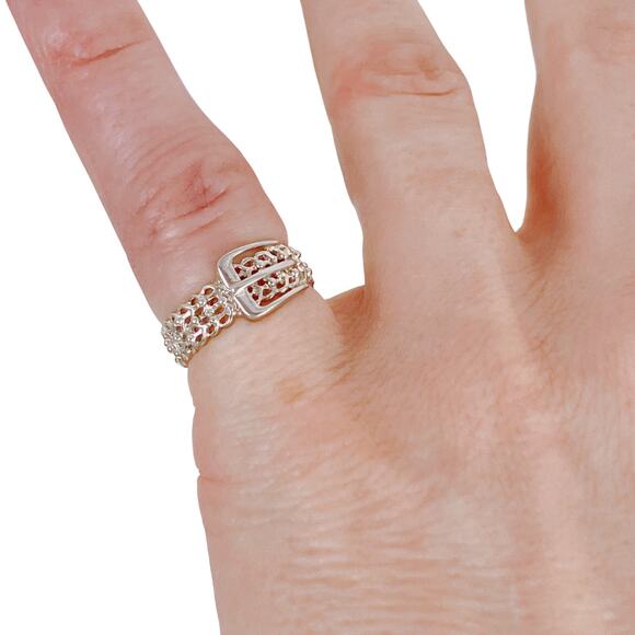 VTG Sterling Silver Buckle Ring 925 NV Lattice Band Women's Size 5 Dainty - Picture 3 of 10
